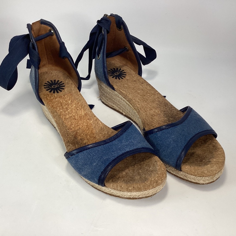 Ugg Blue Denim Low Platform Wedge Espadrille Ankle Tie Sandals Cork 8